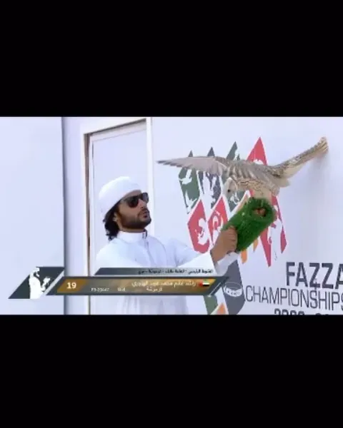 A falconer in white launching a falcon at the Fazza Championship