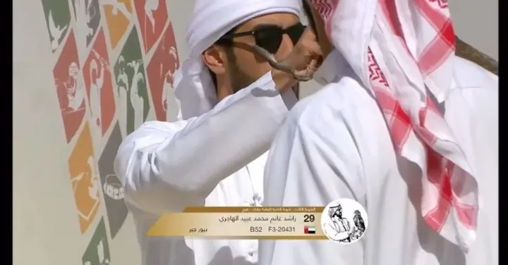 A falconer in white with a falcon on the fist at a race broadcast